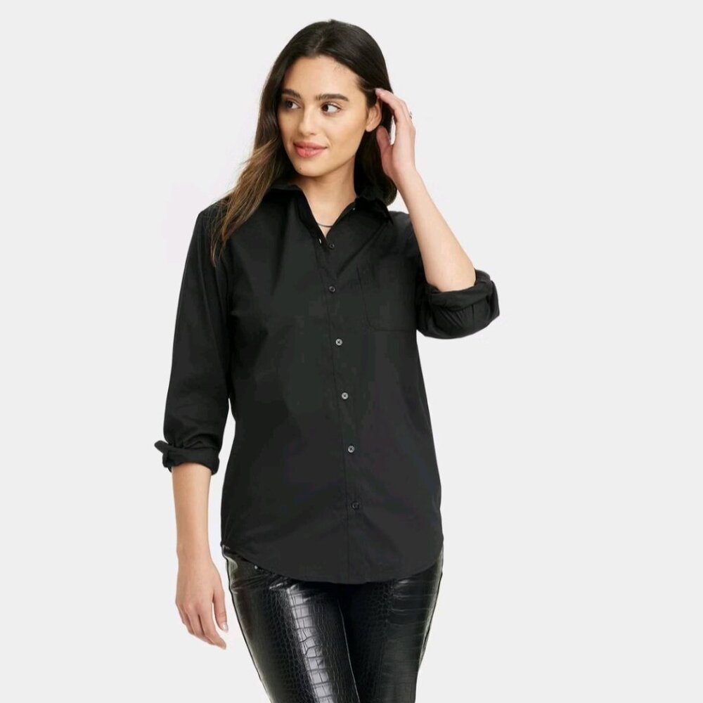 A New Day Slim Fit Boyfriend Tailored Shirt Black Long Sleeve Button Up Size XS